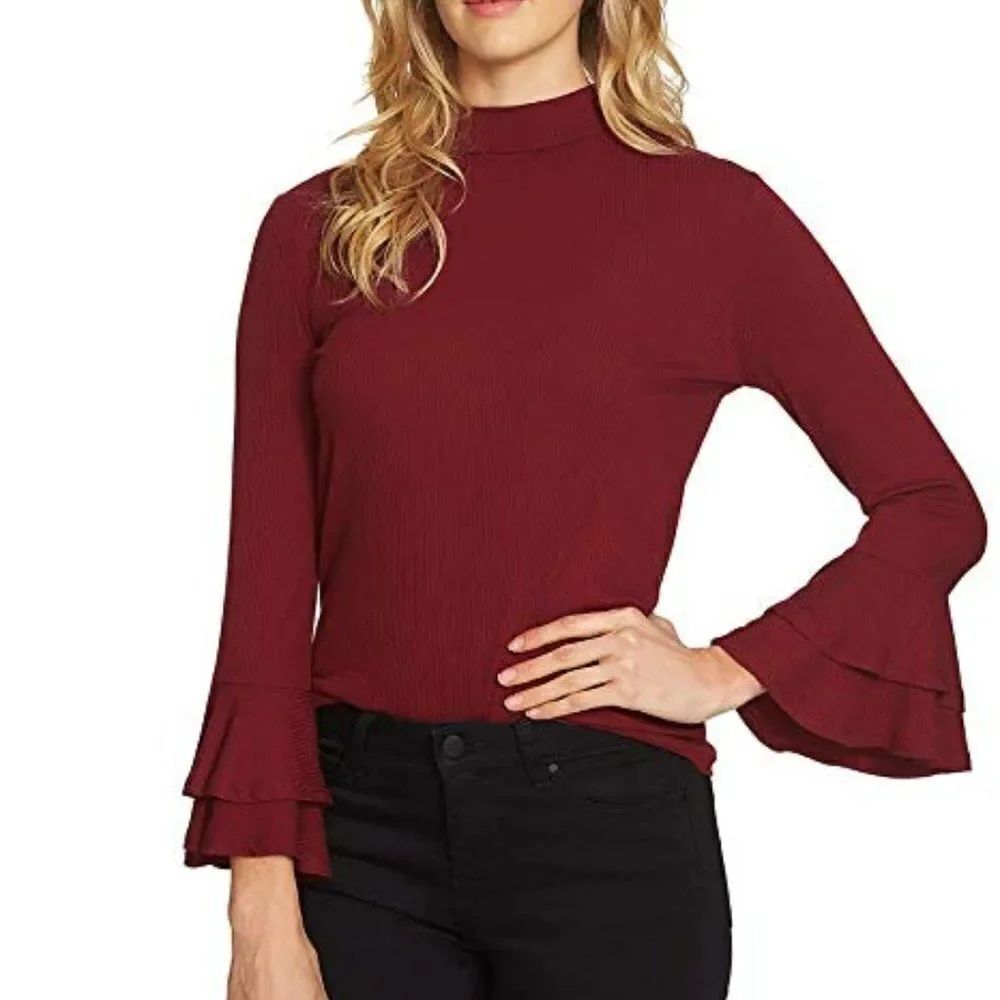 1.State Mock Neck Double Ruffle Long Sleeve Top Sm